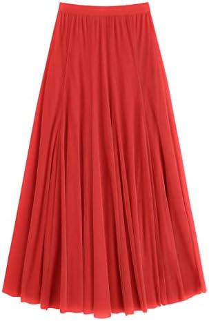 Tulle Skirt Elastic High Waist Layered Pleated Mesh Flowy A-line Midi Skirt, Red