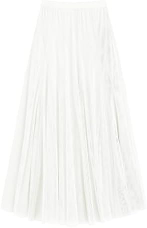 Tulle Skirt Elastic High Waist Layered Pleated Mesh Flowy A-line Midi Skirt, White