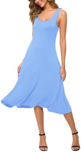 U-Neck Sleeveless Flared Midi Dress Summer Swing T-Shirt Dresses, Blue