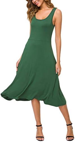U-Neck Sleeveless Flared Midi Dress Summer Swing T-Shirt Dresses, Green