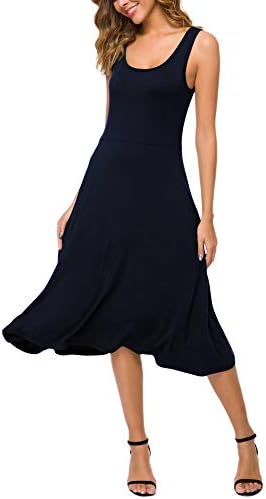 U-Neck Sleeveless Flared Midi Dress Summer Swing T-Shirt Dresses, Navy Blue