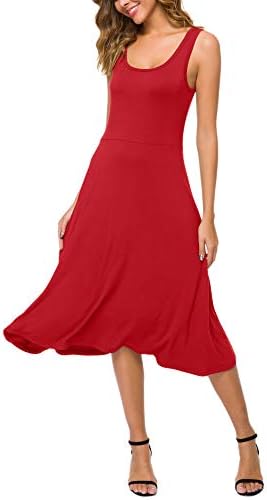 U-Neck Sleeveless Flared Midi Dress Summer Swing T-Shirt Dresses, Red