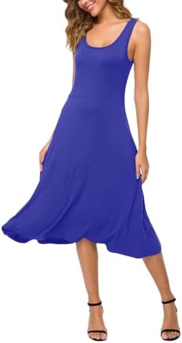 U-Neck Sleeveless Flared Midi Dress Summer Swing T-Shirt Dresses, Royal Blue