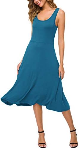 U-Neck Sleeveless Flared Midi Dress Summer Swing T-Shirt Dresses, Steel Blue