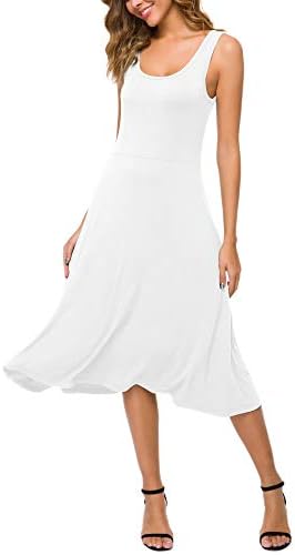 U-Neck Sleeveless Flared Midi Dress Summer Swing T-Shirt Dresses, White