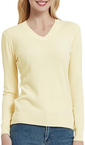 V Neck Long Sleeve Solid Classic Knit Pullover Sweater Tops, Beige