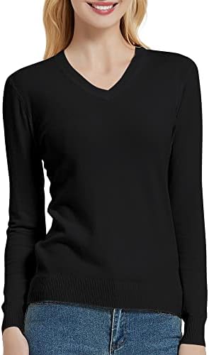 V Neck Long Sleeve Solid Classic Knit Pullover Sweater Tops, Black