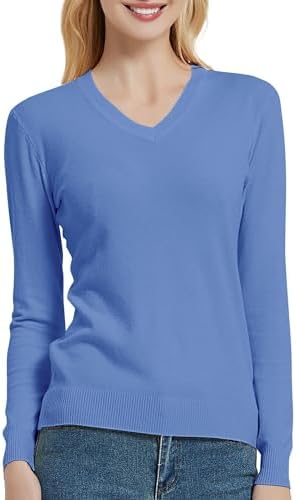 V Neck Long Sleeve Solid Classic Knit Pullover Sweater Tops Blue Heather, Blue Heather