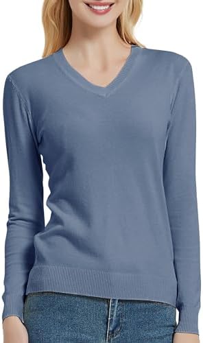 V Neck Long Sleeve Solid Classic Knit Pullover Sweater Tops Bluestone, Bluestone