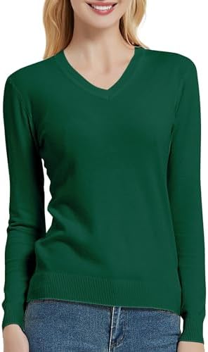 V Neck Long Sleeve Solid Classic Knit Pullover Sweater Tops, Dark Green