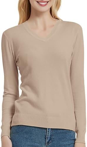 V Neck Long Sleeve Solid Classic Knit Pullover Sweater Tops, Deep Apricot