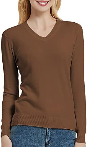 V Neck Long Sleeve Solid Classic Knit Pullover Sweater Tops, Deep Camel