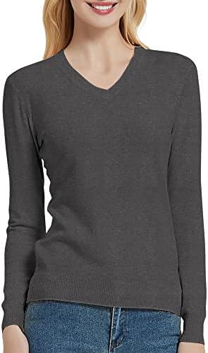V Neck Long Sleeve Solid Classic Knit Pullover Sweater Tops, Deep Gray