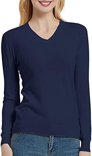 V Neck Long Sleeve Solid Classic Knit Pullover Sweater Tops, Navy Blue