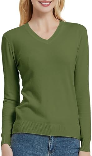 V Neck Long Sleeve Solid Classic Knit Pullover Sweater Tops Olive, Olive