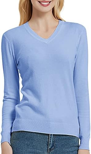 V Neck Long Sleeve Solid Classic Knit Pullover Sweater Tops, Pale Iris