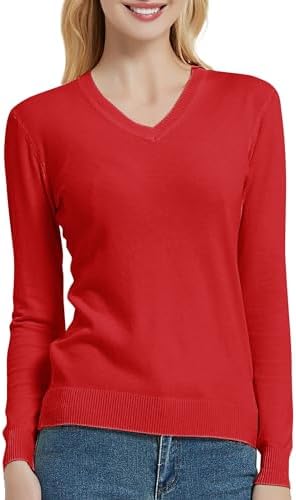 V Neck Long Sleeve Solid Classic Knit Pullover Sweater Tops, Red
