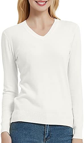V Neck Long Sleeve Solid Classic Knit Pullover Sweater Tops, White