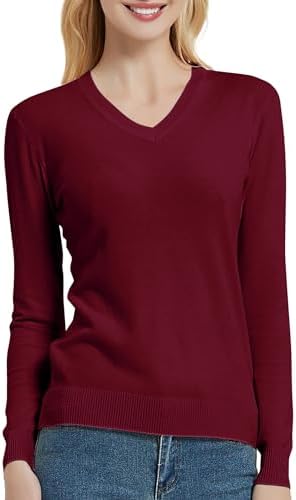 V Neck Long Sleeve Solid Classic Knit Pullover Sweater Tops, Wine Red