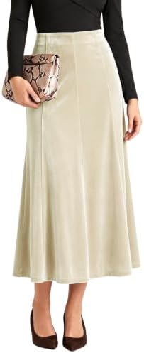 Velvet A-Line Midi Skirt High-Waisted Stretch, Beige