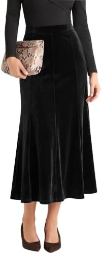 Velvet A-Line Midi Skirt High-Waisted Stretch, Black