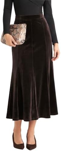 Velvet A-Line Midi Skirt High-Waisted Stretch, Coffee