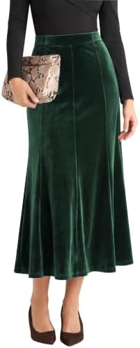 Velvet A-Line Midi Skirt High-Waisted Stretch, Green