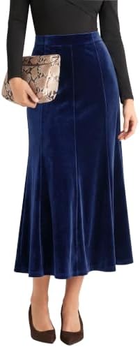 Velvet A-Line Midi Skirt High-Waisted Stretch, Navy Blue