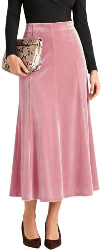 Velvet A-Line Midi Skirt High-Waisted Stretch, Pink
