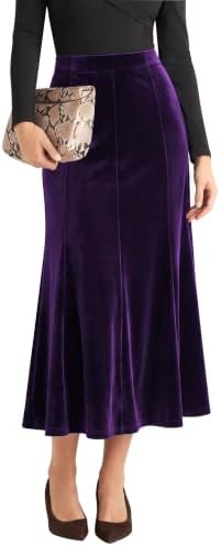 Velvet A-Line Midi Skirt High-Waisted Stretch, Purple