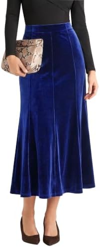 Velvet A-Line Midi Skirt High-Waisted Stretch, Royal Blue
