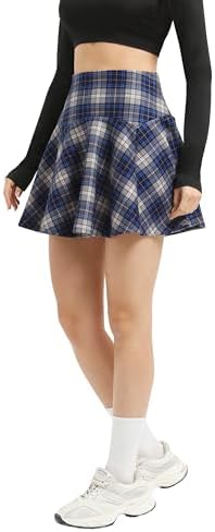 Vintage Elastic Waist Plaid Flared Mini Skater Skirt, Blue Grey