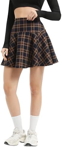 Vintage Elastic Waist Plaid Flared Mini Skater Skirt, Navy Blue