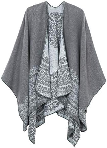 Vintage Pattern Open Front Poncho Cape Shawl Winter Shawl Wraps, Series 1 Grey