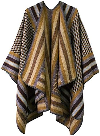 Vintage Pattern Open Front Poncho Cape Shawl Winter Shawl Wraps, Series 11 Camel