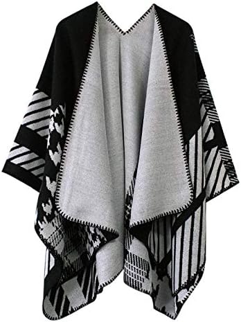 Vintage Pattern Open Front Poncho Cape Shawl Winter Shawl Wraps, Series 12 Black