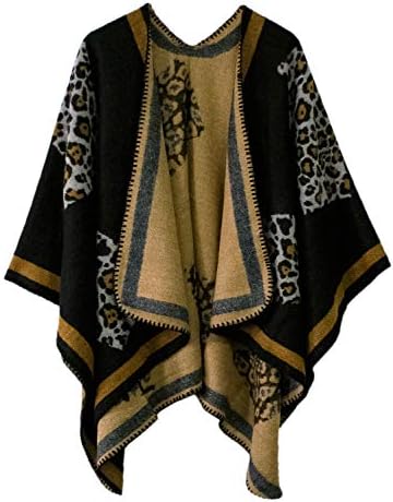 Vintage Pattern Open Front Poncho Cape Shawl Winter Shawl Wraps, Series 14 Black