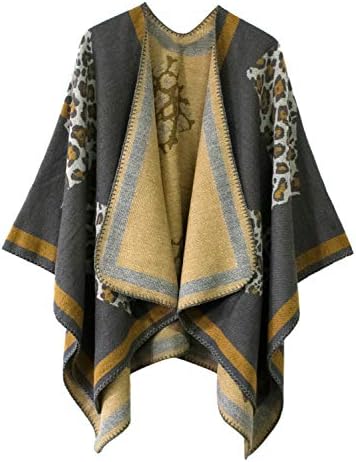 Vintage Pattern Open Front Poncho Cape Shawl Winter Shawl Wraps, Series 14 Grey