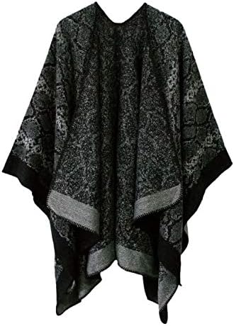 Vintage Pattern Open Front Poncho Cape Shawl Winter Shawl Wraps, Series 15 Black