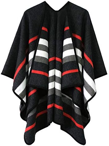 Vintage Pattern Open Front Poncho Cape Shawl Winter Shawl Wraps, Series 19 Black