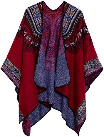 Vintage Pattern Open Front Poncho Cape Shawl Winter Shawl Wraps, Series 20 Red