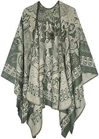 Vintage Pattern Open Front Poncho Cape Shawl Winter Shawl Wraps, Series 24 Green