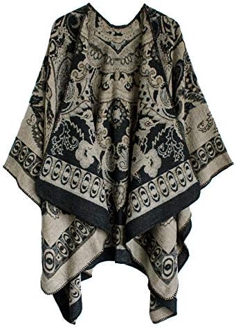 Vintage Pattern Open Front Poncho Cape Shawl Winter Shawl Wraps, Series 24 Khaki
