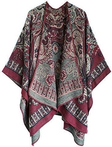 Vintage Pattern Open Front Poncho Cape Shawl Winter Shawl Wraps, Series 24 Wine Red