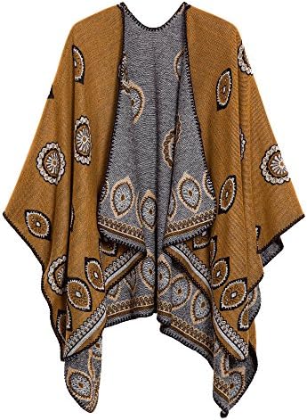 Vintage Pattern Open Front Poncho Cape Shawl Winter Shawl Wraps, Series 3 Yellow