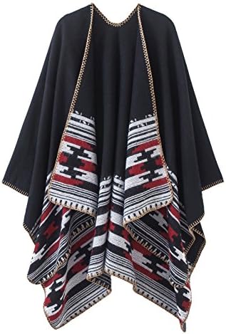 Vintage Pattern Open Front Poncho Cape Shawl Winter Shawl Wraps, Series 6 Black