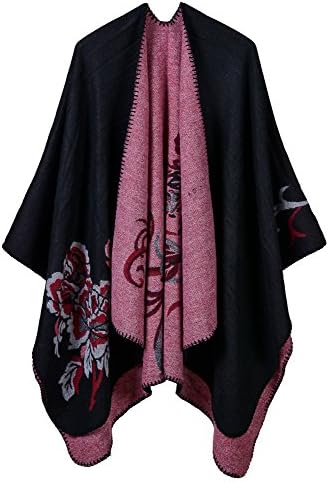 Vintage Pattern Open Front Poncho Cape Shawl Winter Shawl Wraps, Series 7 Black