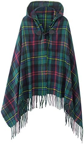 Vintage Plaid Knitted Tassel Poncho Shawl Cape Button Cardigan, Series 2 Green