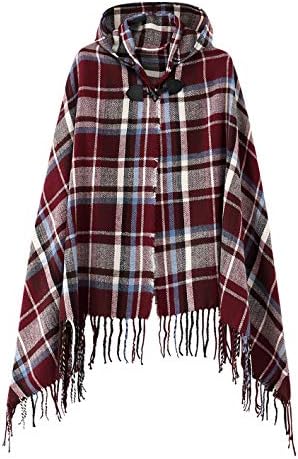 Vintage Plaid Knitted Tassel Poncho Shawl Cape Button Cardigan, Series 2 Maroon