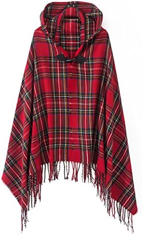 Vintage Plaid Knitted Tassel Poncho Shawl Cape Button Cardigan, Series 2 Red